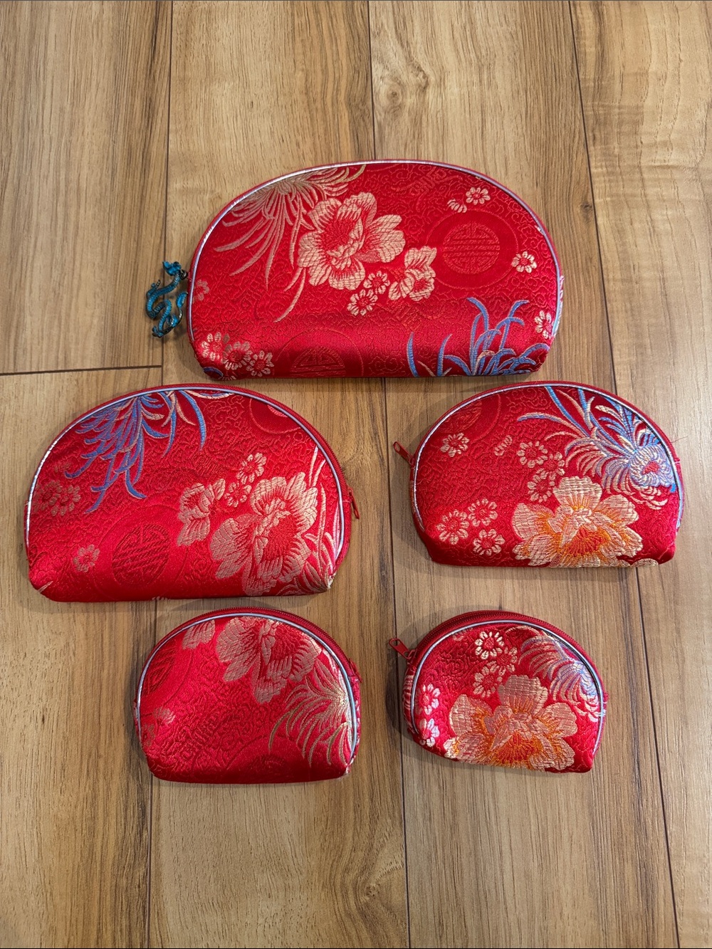 Red Floral Silk Cosmetic or Jewelry Pouch Set - 5pc - Purchased in Beijing